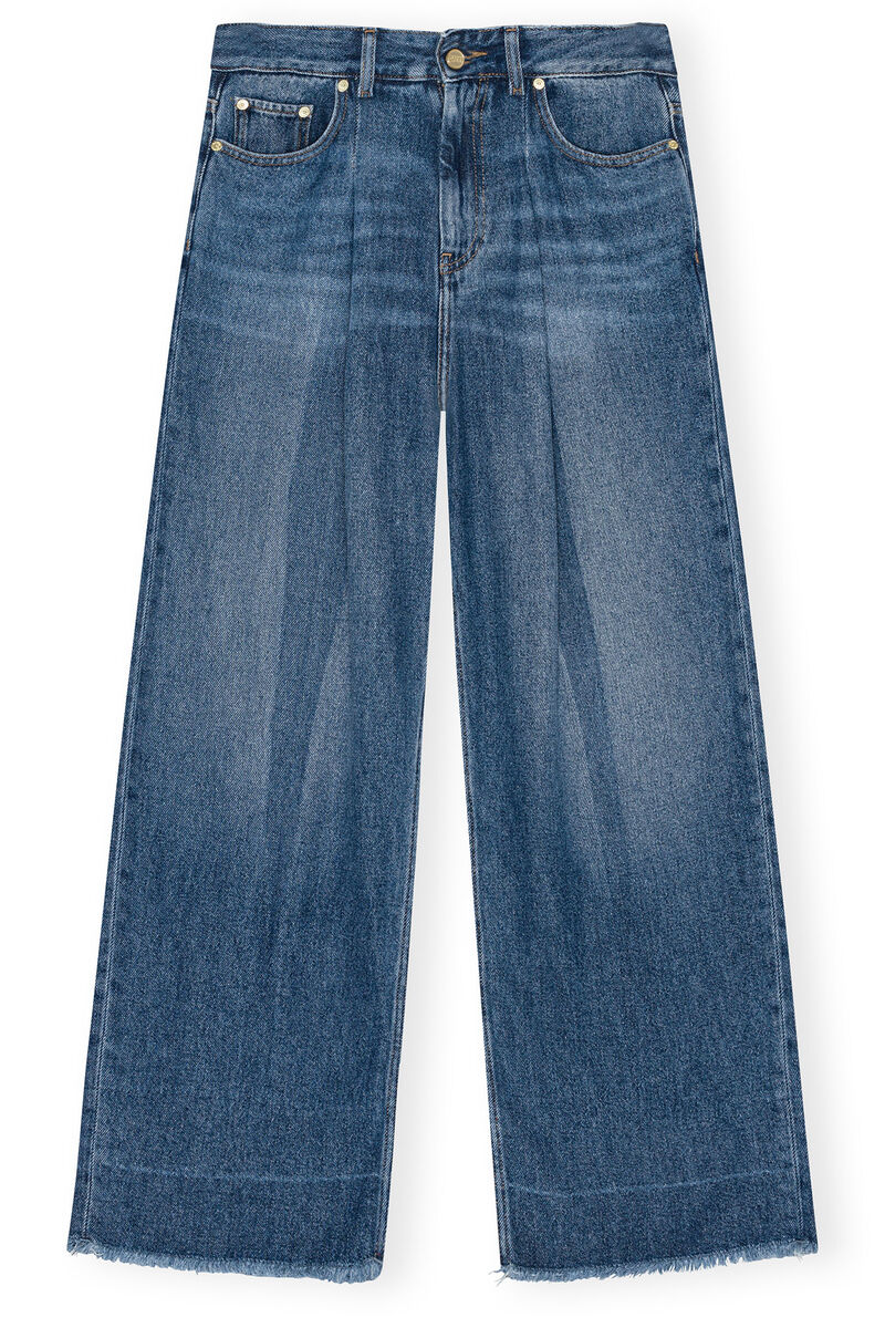 Blue Pleated Jeans, Tencel, in colour Mid Blue Vintage - 1 - GANNI