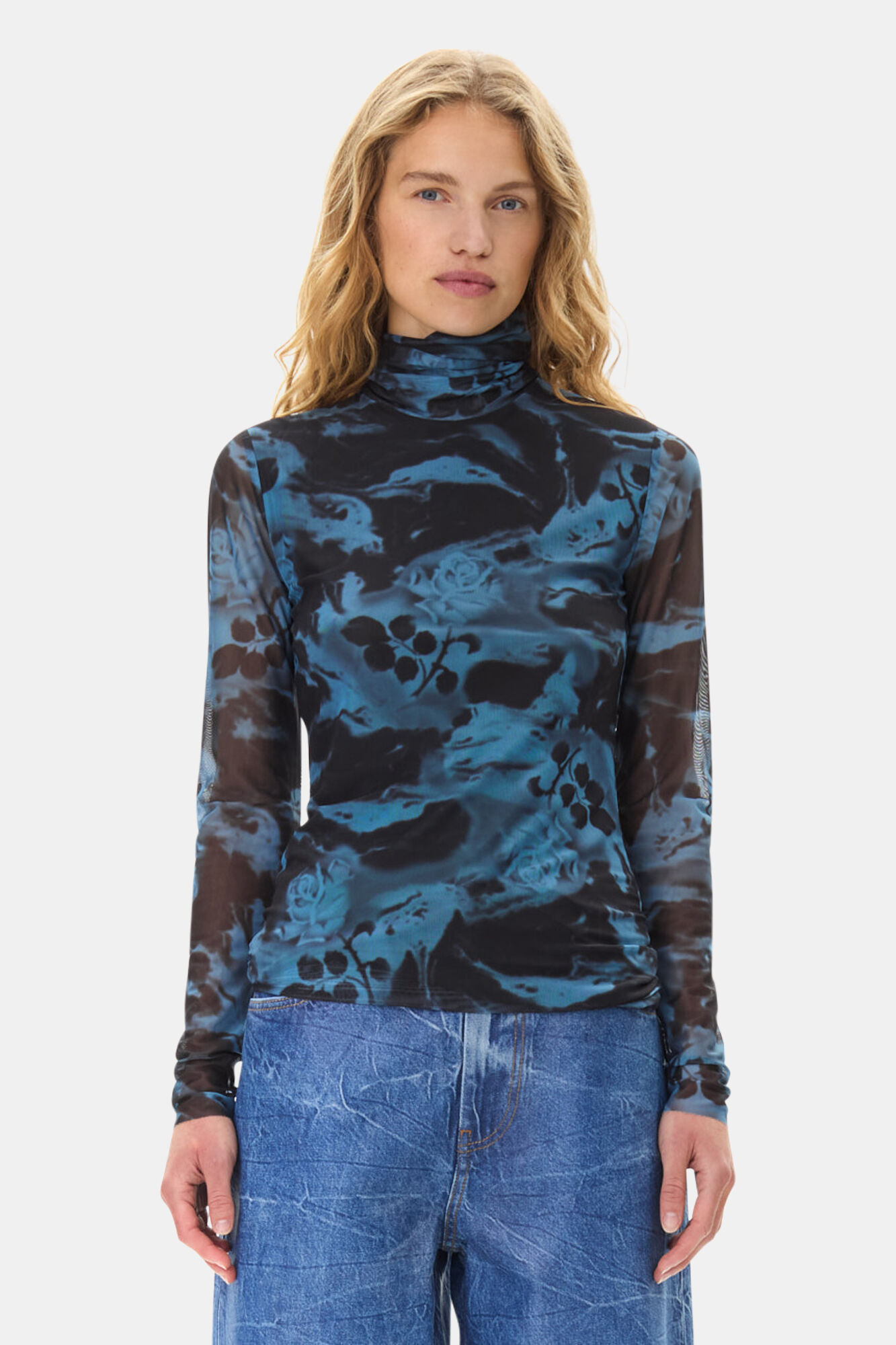 Blue Printed Mesh Long Sleeve Rollneck, Elastane, in colour Blue Shadow - 2 - GANNI