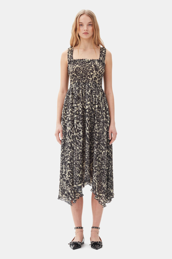 Printed Pleated Georgette Smock Midi Dress, Lemon Icing