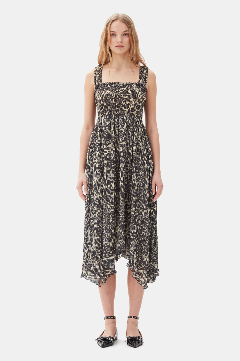 Printed Pleated Georgette Smock Midi Dress, Recycled Polyester, in colour Lemon Icing - 1 - GANNI