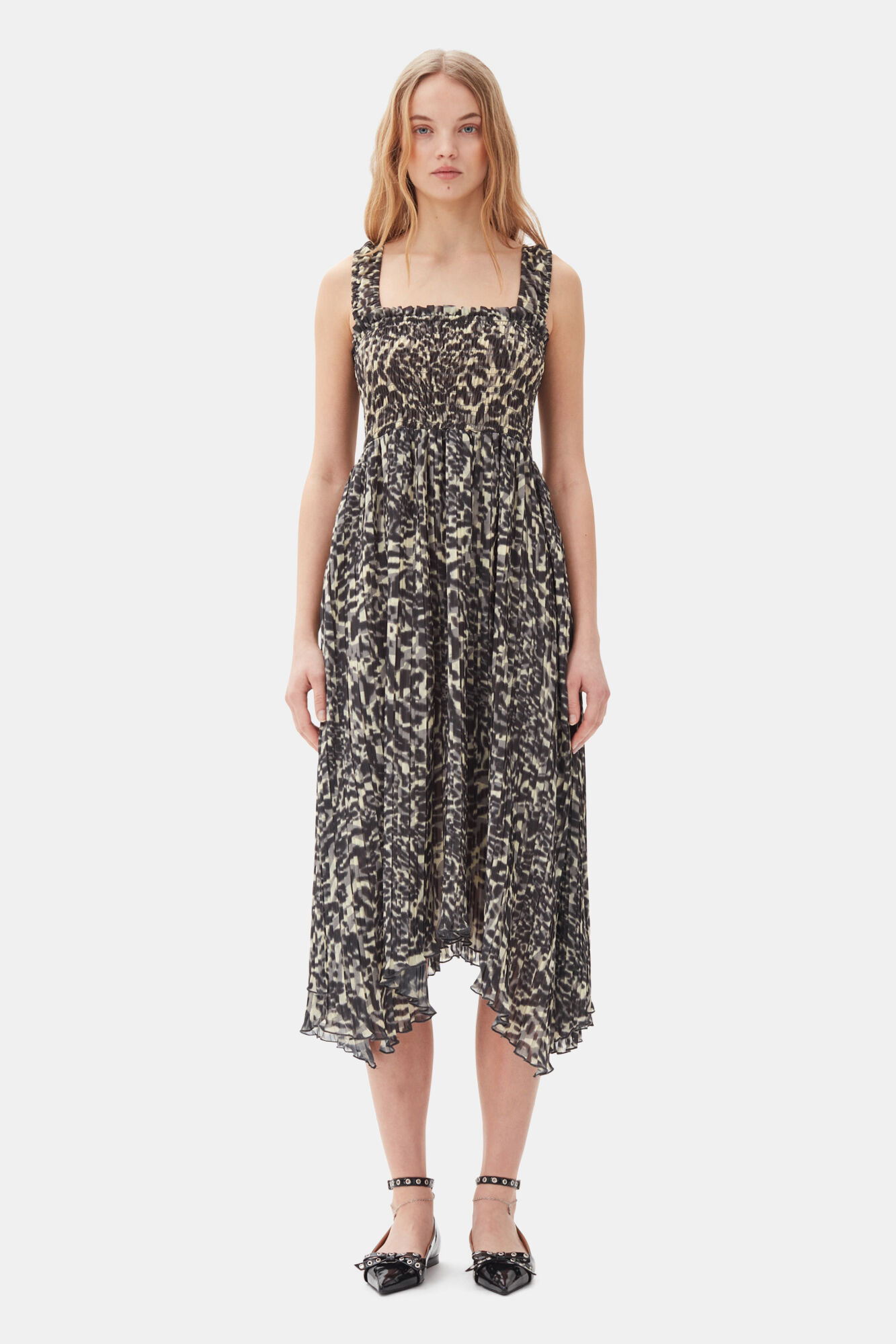 Printed Pleated Georgette Smock Midi Dress, Recycled Polyester, in colour Lemon Icing - 1 - GANNI