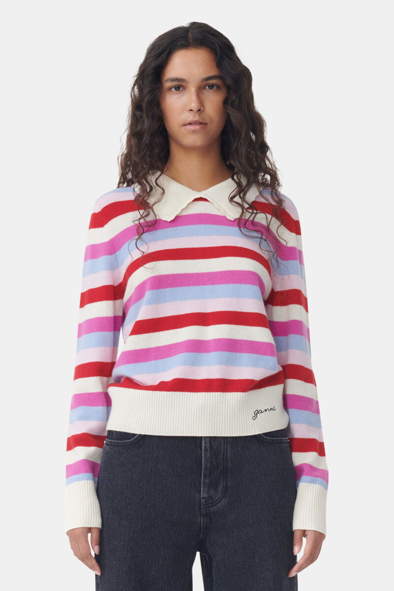 Striped Collar Pullover, Cashmere, in colour Egret - 1 - GANNI