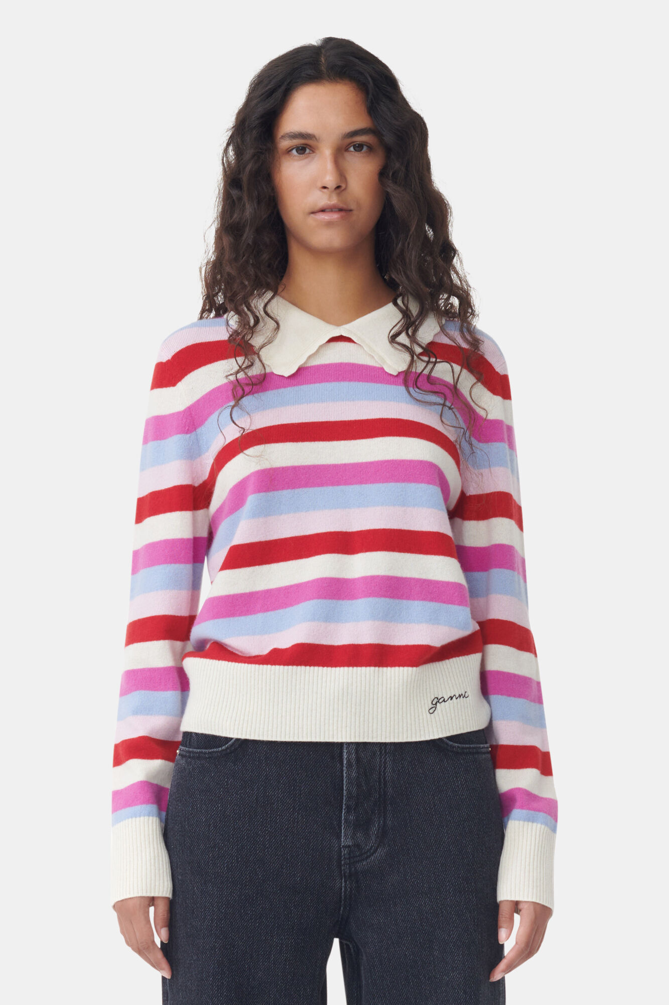 Striped Collar Pullover, Cashmere, in colour Egret - 1 - GANNI