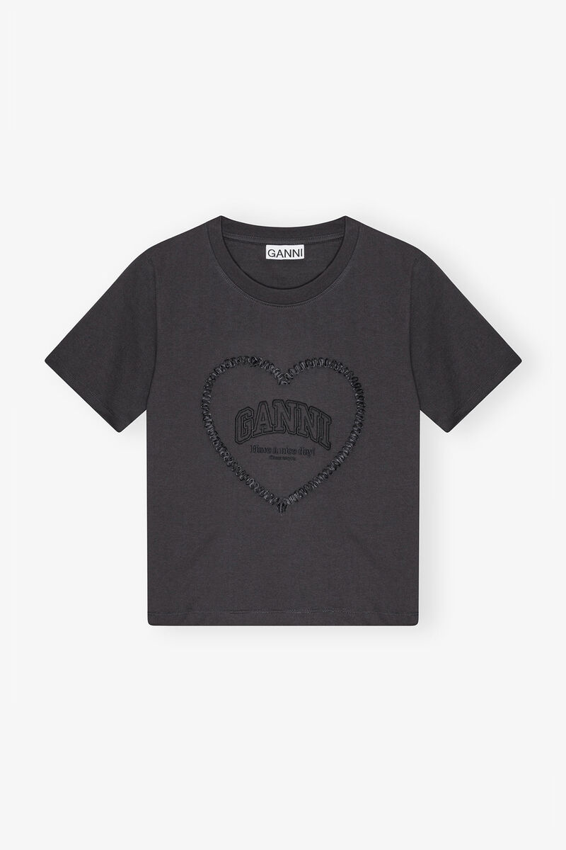 T-shirt court noir avec motif c&oelig;ur, Organic Cotton, in colour Phantom - 1 - GANNI