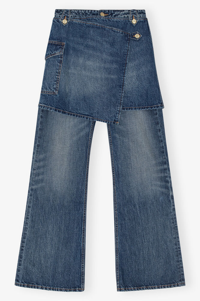 Dark Blue Heavy Washed Flared Skirt Jeans, Mid Blue Vintage