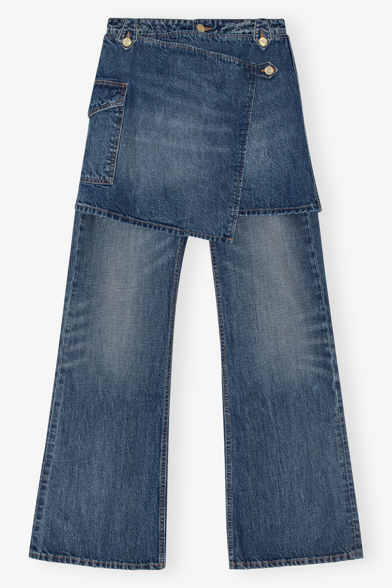 Dark Blue Heavy Washed Flared Skirt Jeans, Cotton, in colour Mid Blue Vintage - 1 - GANNI