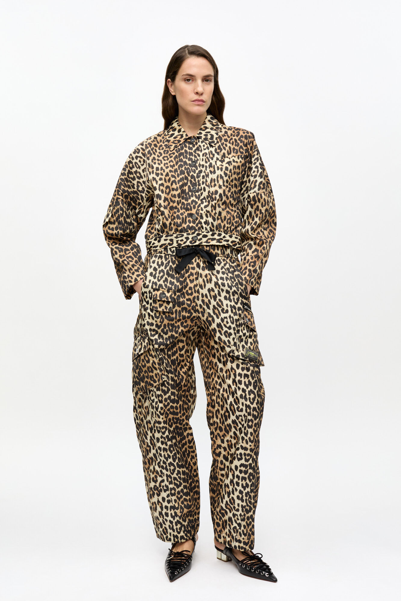Leopard Duchesse Nylon Cropped Jacket, Nylon, in colour Leopard - 2 - GANNI