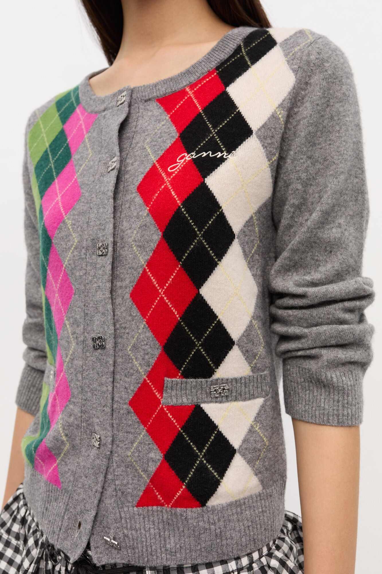 Grey Check Cardigan, Merino Wool, in colour Paloma Melange - 4 - GANNI
