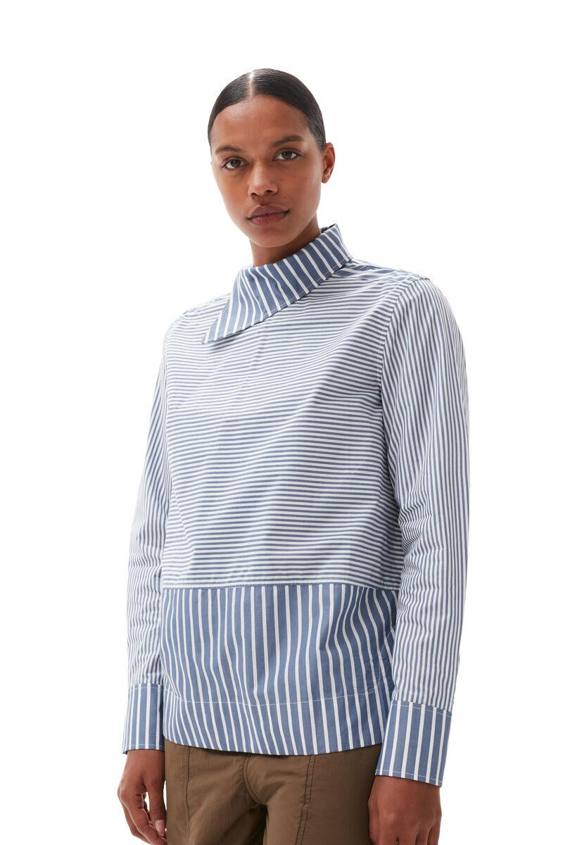 Asymmetrical Stripe Collar Shirt, in colour Gray Blue - 3 - GANNI