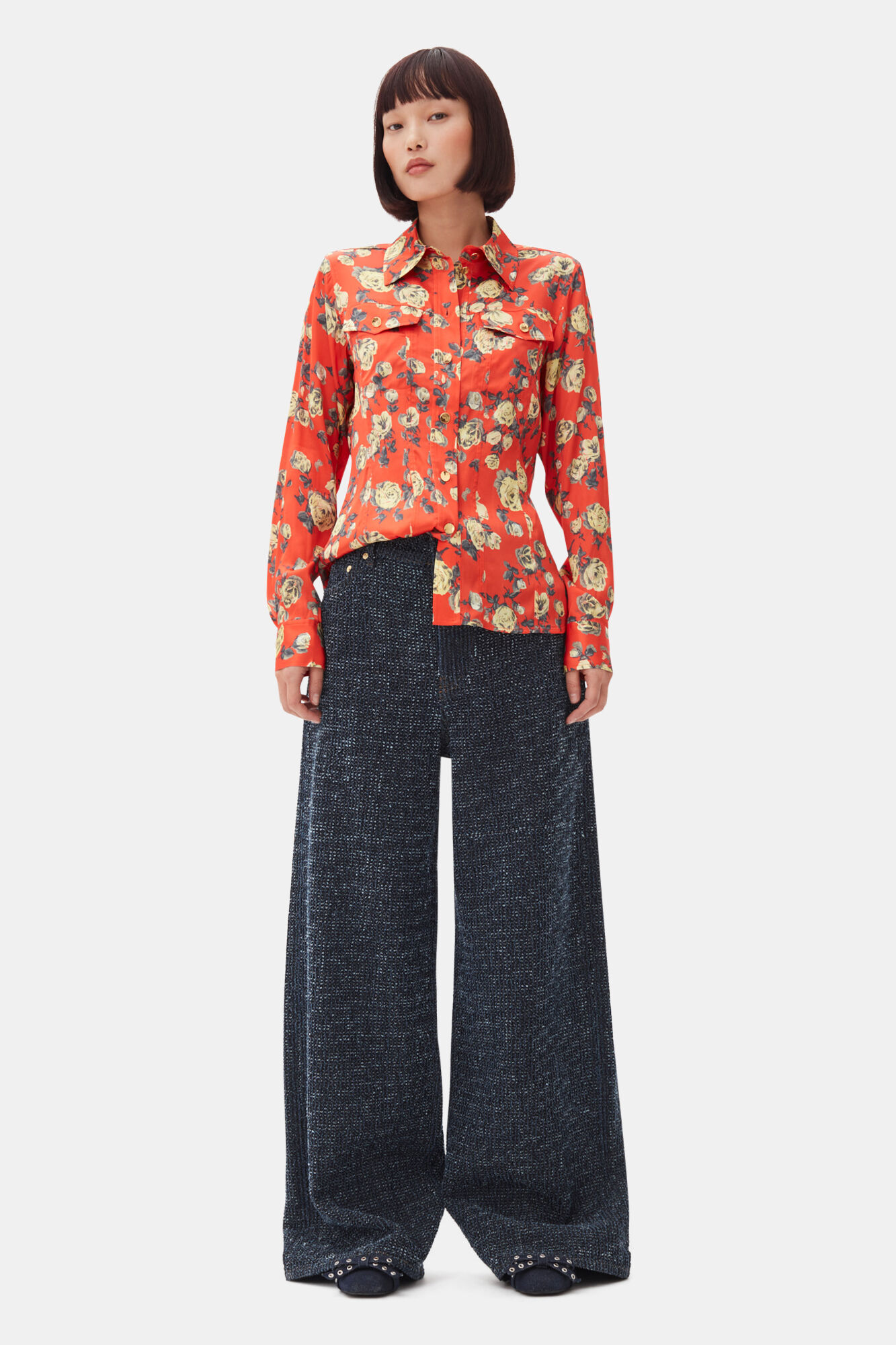 Orange Floral Printed Satin Shirt, Spandex, in colour Poinciana - 2 - GANNI