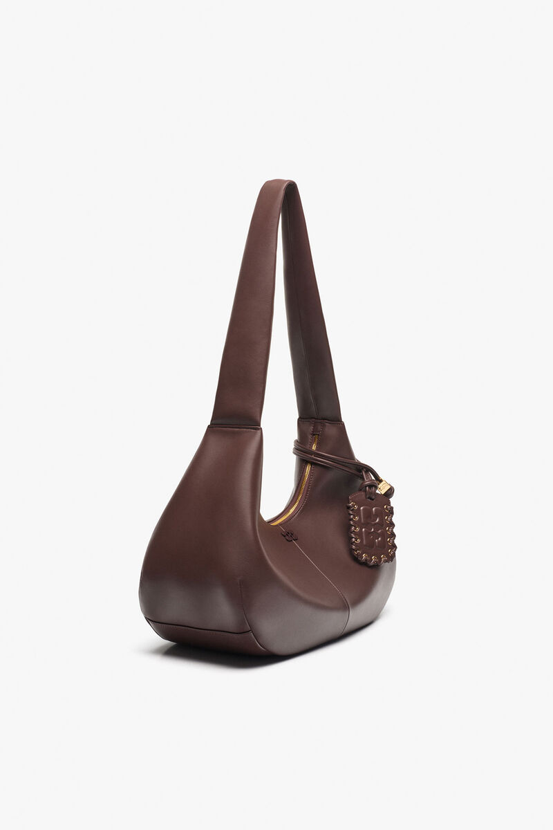 Brown Medium Hobo Bag, Recycled Leather, in colour Seal Brown - 2 - GANNI