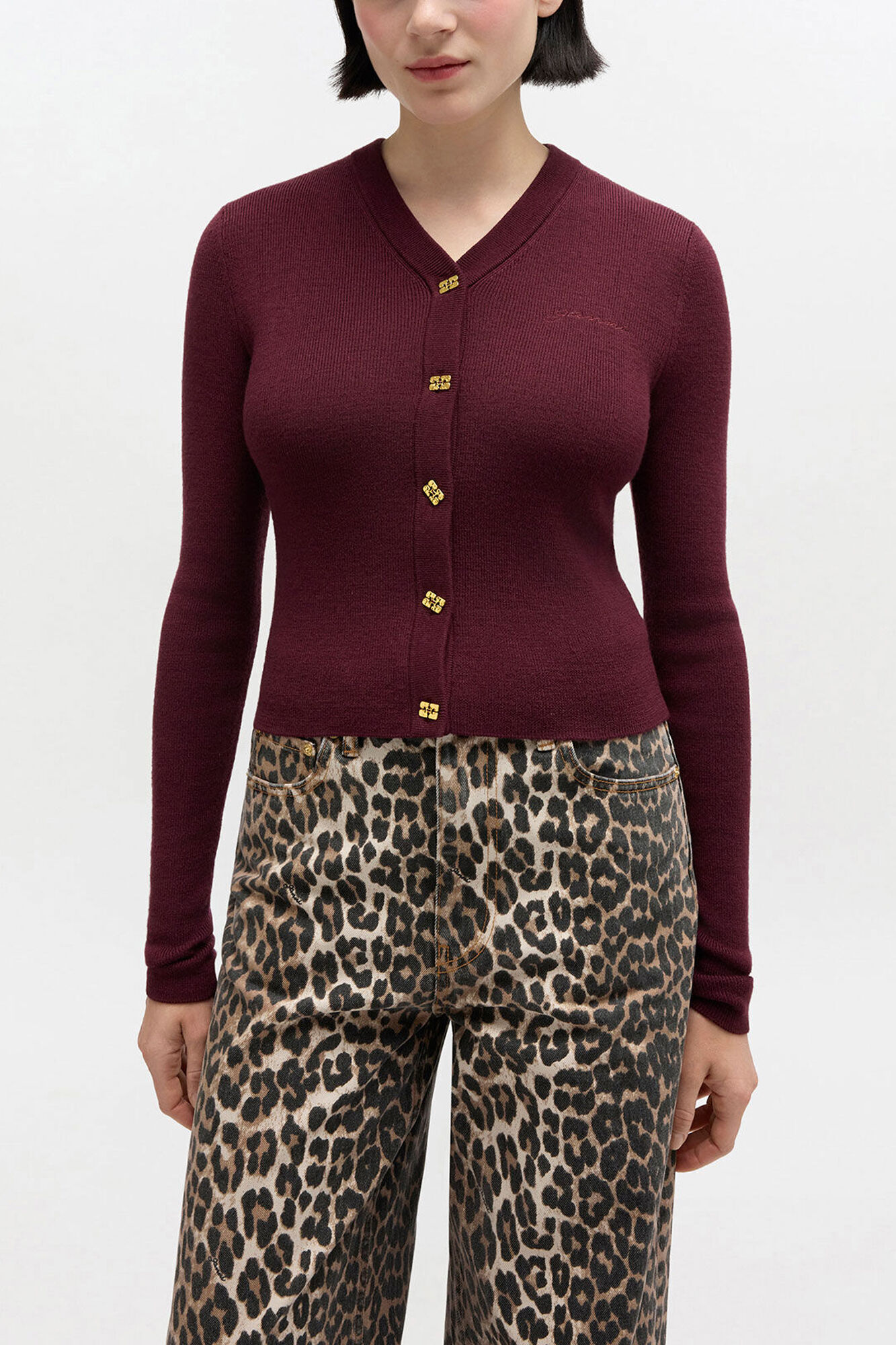 Ribbed V-Neck Cardigan, Wool, in colour Red Dahlia - 1 - GANNI