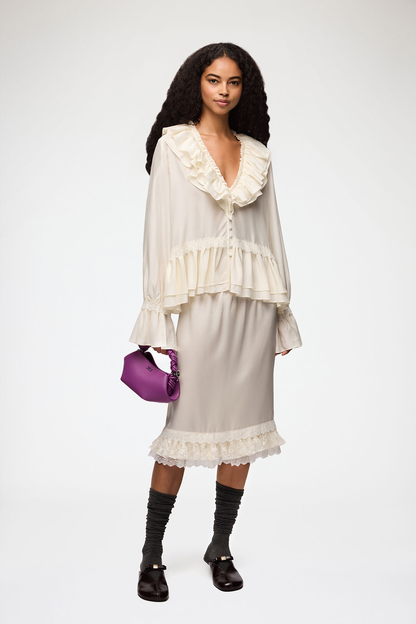 Blouse in Viscose Silk, Viscose, in colour Egret - 2 - GANNI