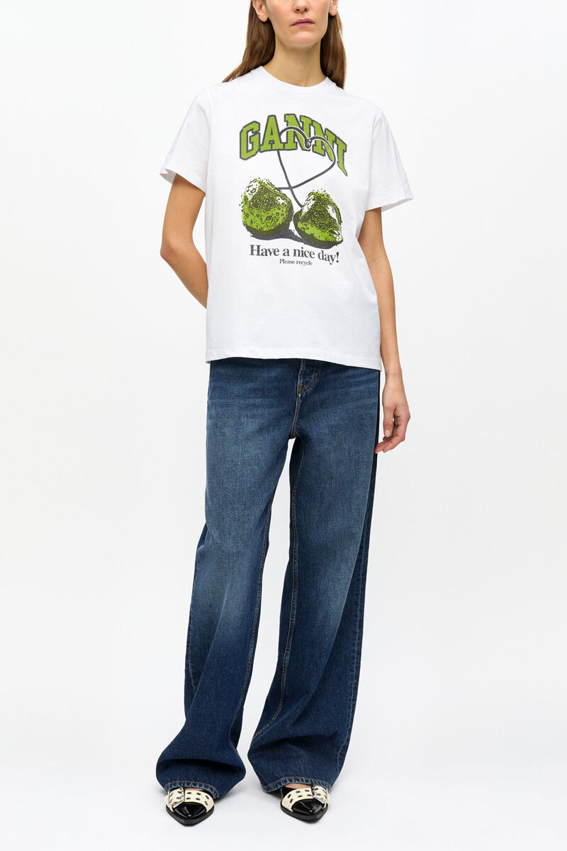 T-shirt basique d&eacute;contract&eacute; en jersey blanc avec cerise, Organic Cotton, in colour Bright White - 2 - GANNI