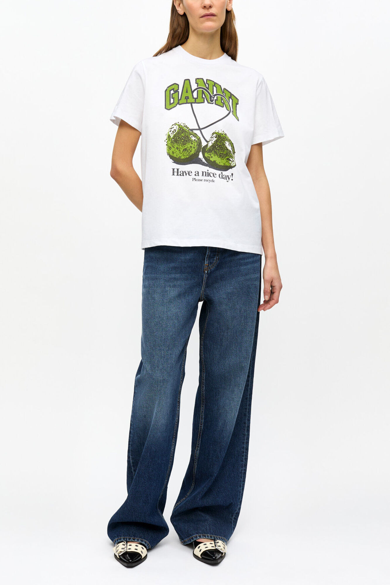 T-shirt basique d&eacute;contract&eacute; en jersey blanc avec cerise, Organic Cotton, in colour Bright White - 2 - GANNI