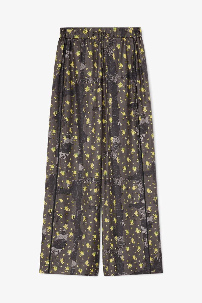 Trousers in Printed Silk, Organic Wool, in colour Black Sand - 1 - GANNI