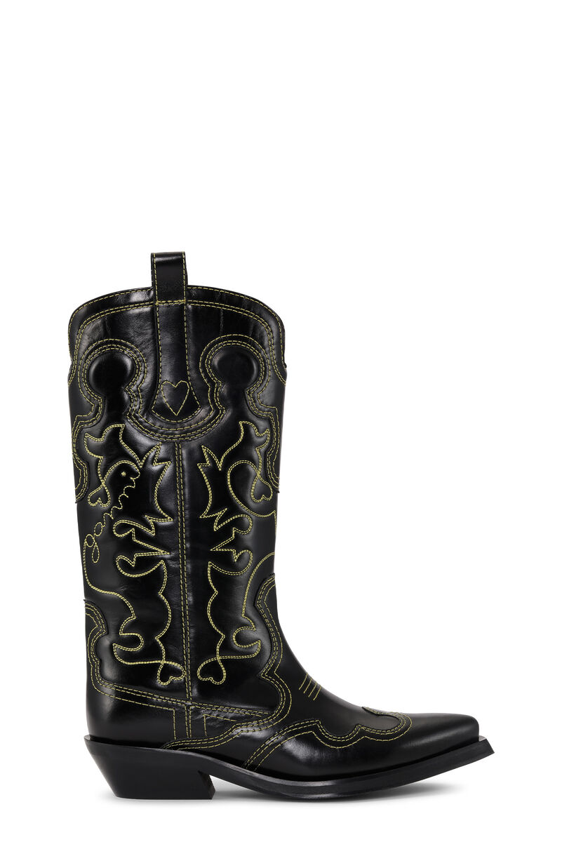 Mid Shaft Embroidered Western Boots, Calf Leather, in colour Black/Yellow - 1 - GANNI