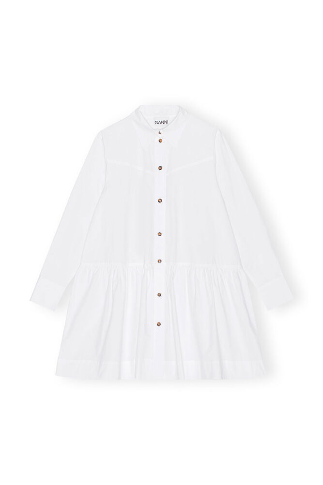 White Cotton Poplin Mini Shirt Dress, Bright White