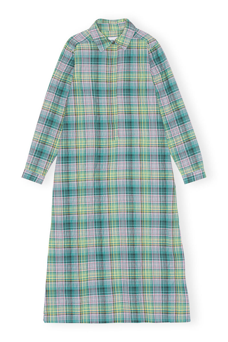 Seersucker Check Shirt Dress, Organic Cotton, in colour Lagoon - 1 - GANNI