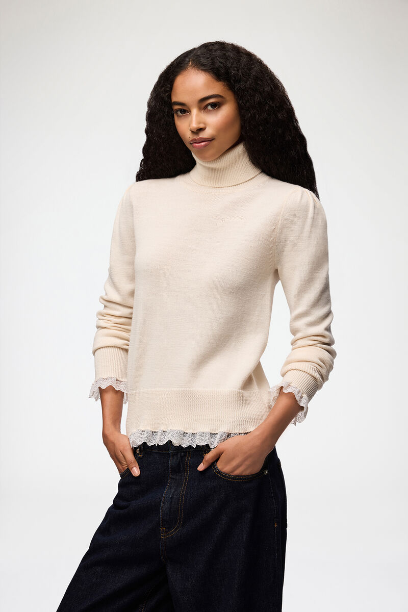 Turtleneck in Lace Merino, Merino Wool, in colour Egret - 1 - GANNI