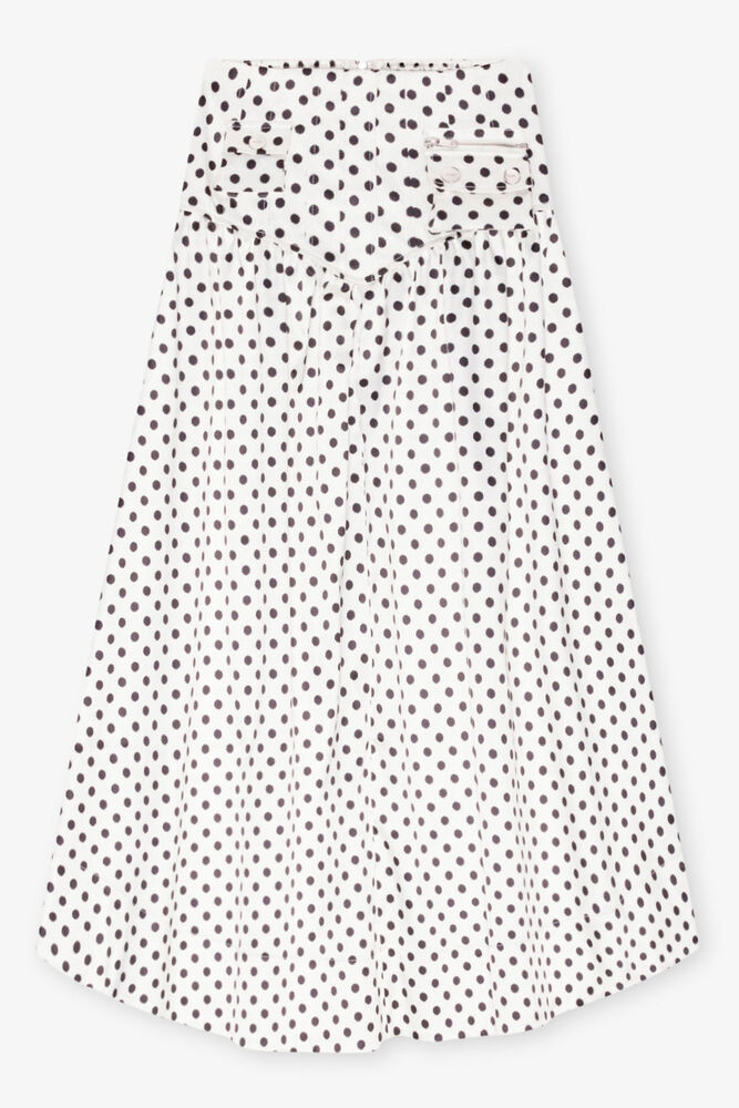 Polka-dot Double Satin Long Pocket Skirt, Egret