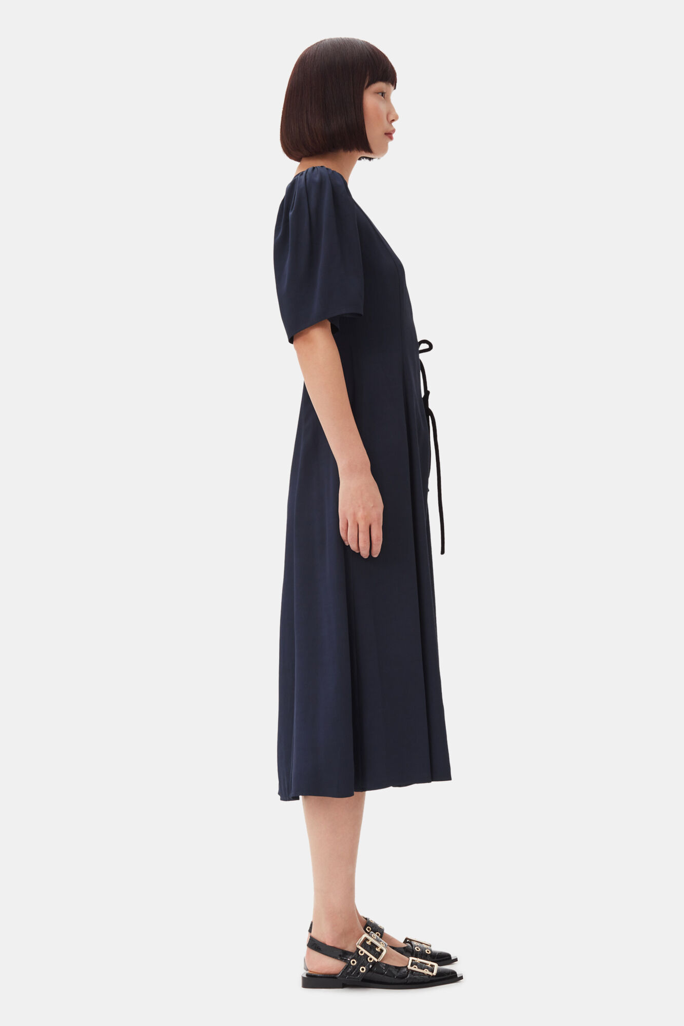 Navy Blue Viscose Twill Wrap Midi Dress, Viscose, in colour Sky Captain - 3 - GANNI