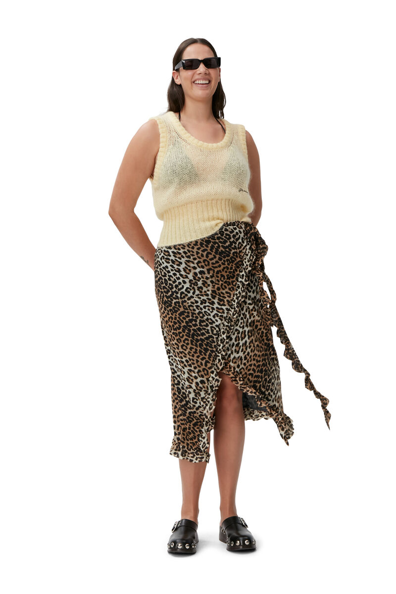 Mesh Wrap Midi Skirt, Recycled Nylon, in colour Leopard Seedpearl - 1 - GANNI