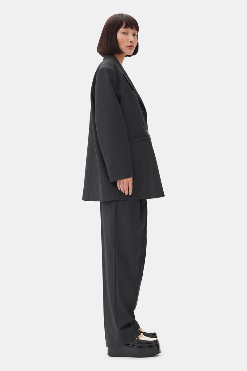 Charcoal Stripe Suiting Oversized Blazer, Elastane, in colour Phantom - 3 - GANNI