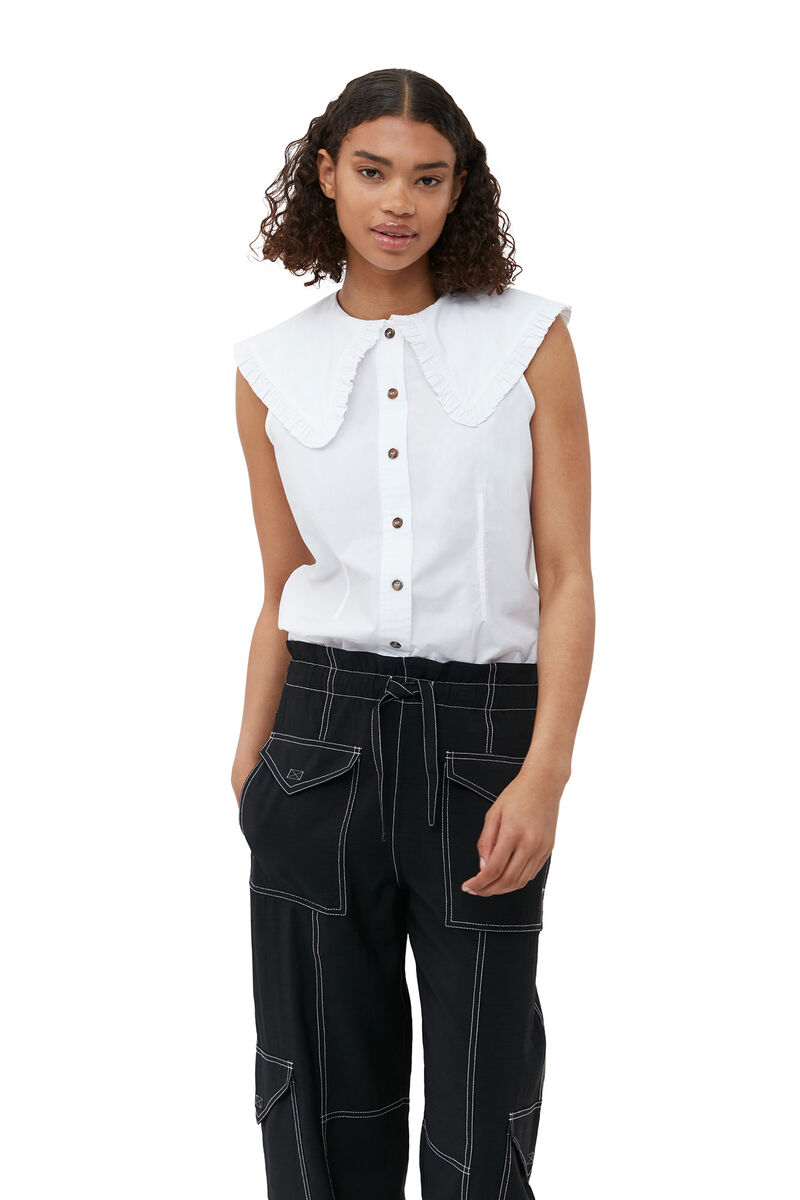 Cotton Poplin Sleeveless Frill Collar Shirt, Cotton, in colour Bright White - 1 - GANNI