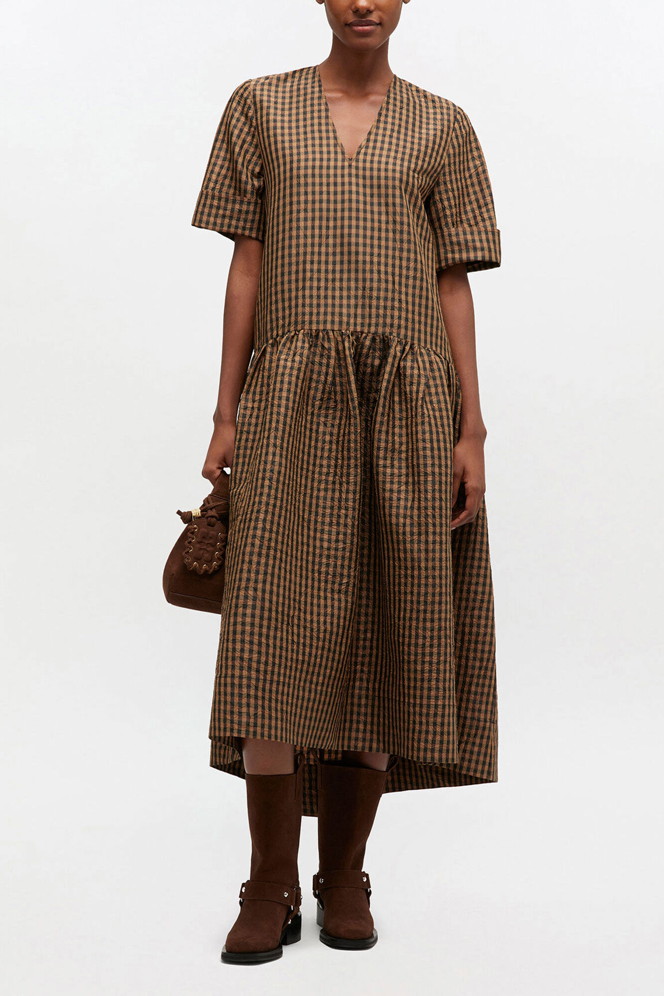 Crinkled Check Long Dress | GANNI US