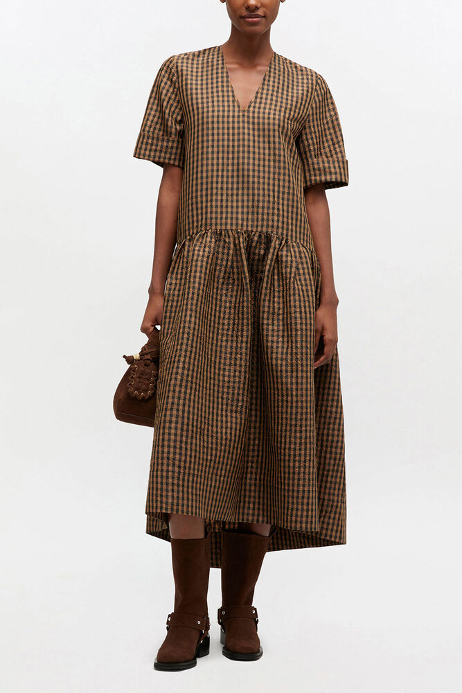 Crinkled Check Long Dress, Tobacco Brown
