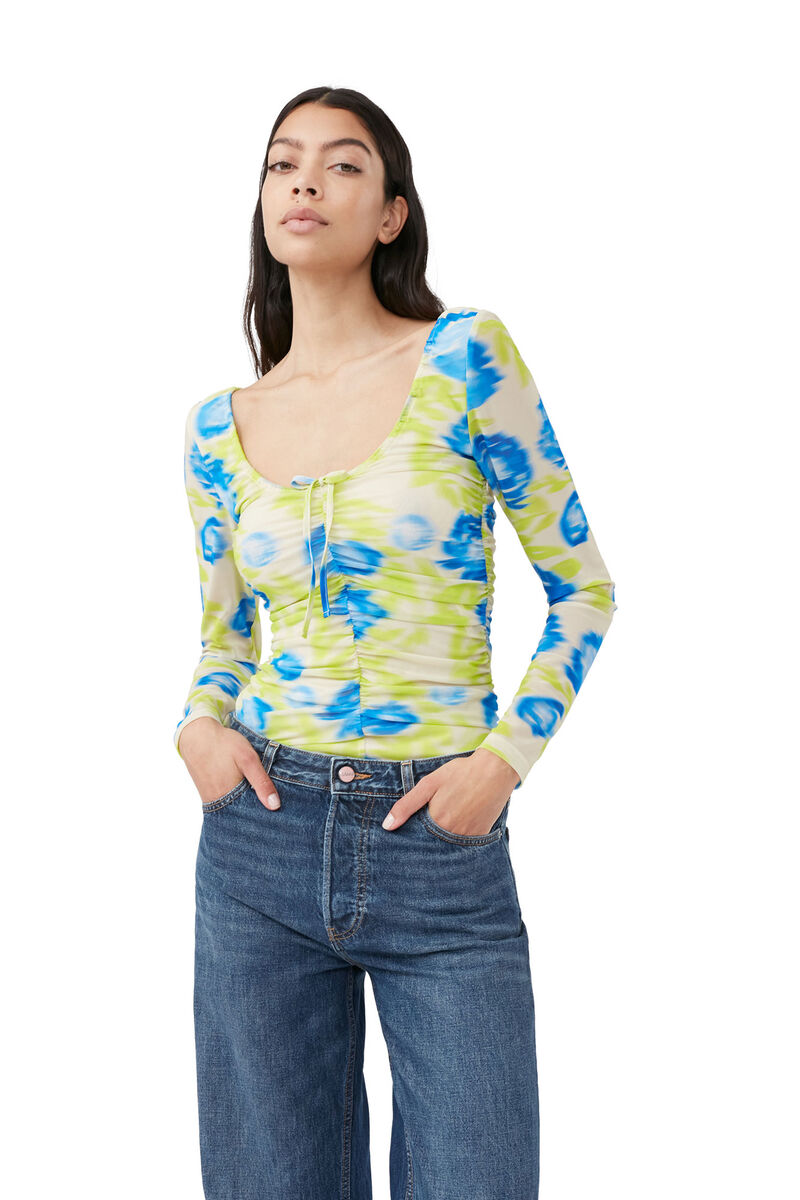 Printed Mesh U-neck Ruched Blouse, Elastane, in colour Strong Blue - 2 - GANNI
