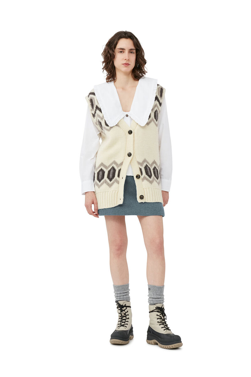 White Oversized Chunky Wool Vest, Organic Wool, in colour Egret - 1 - GANNI