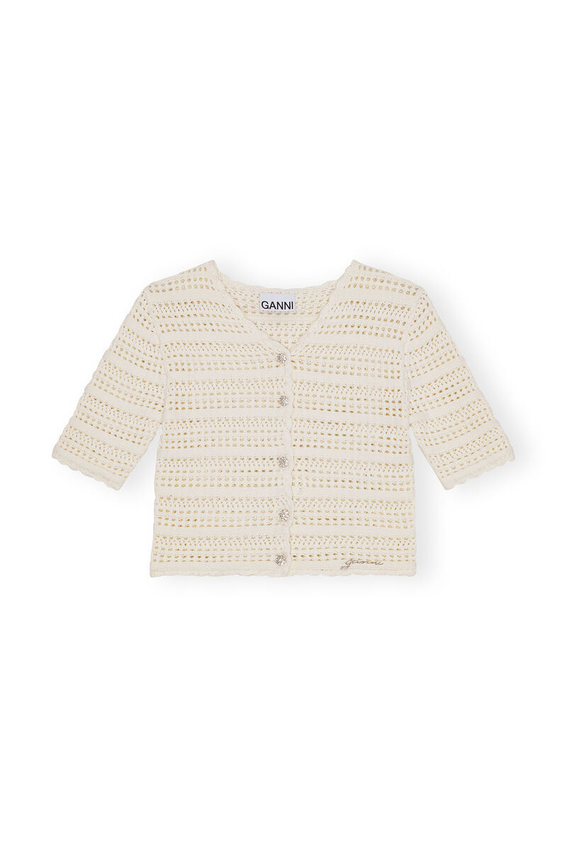 White Pointelle Short Sleeve Cardigan, Cotton, in colour Egret - 1 - GANNI