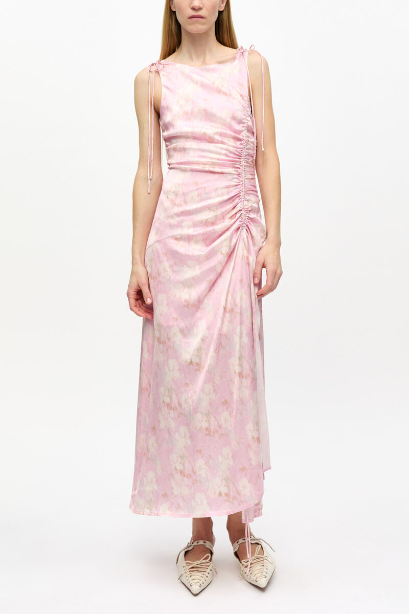 Pink Printed Satin Gathered Dress, Viscose, in colour Primrose Pink - 1 - GANNI