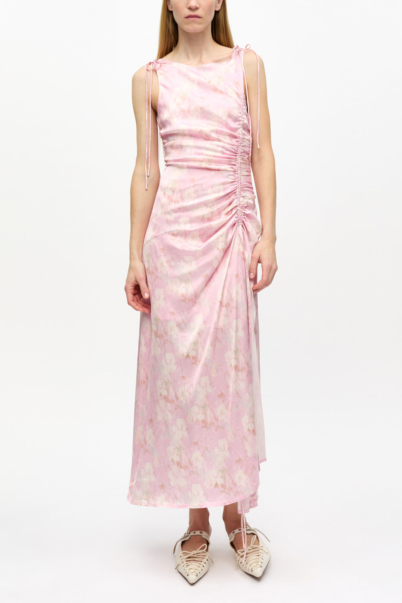 Pink Printed Satin Gathered Dress, Viscose, in colour Primrose Pink - 1 - GANNI