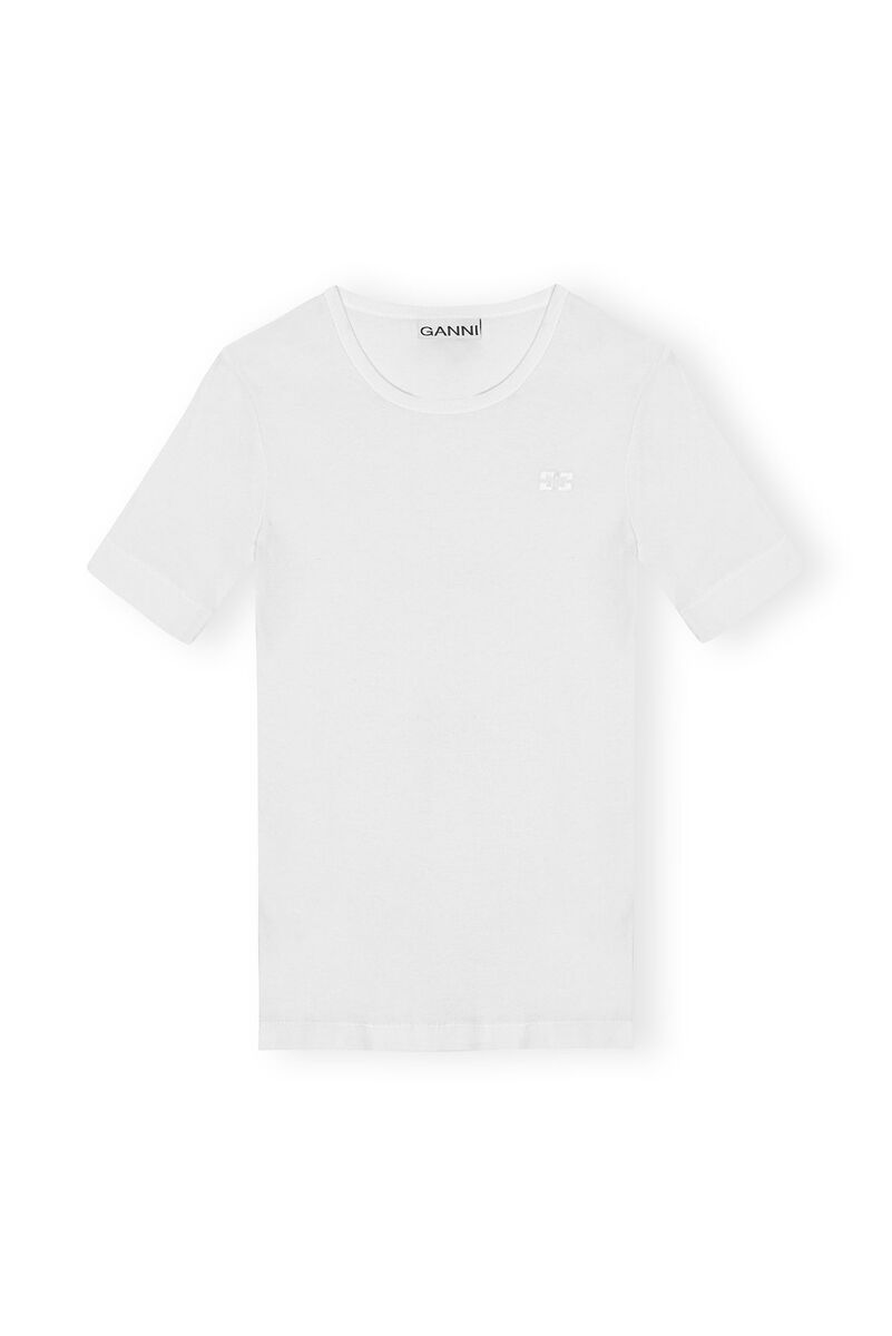 White Soft Cotton Rib Short Sleeve T-Shirt, Elastane, in colour Bright White - 1 - GANNI