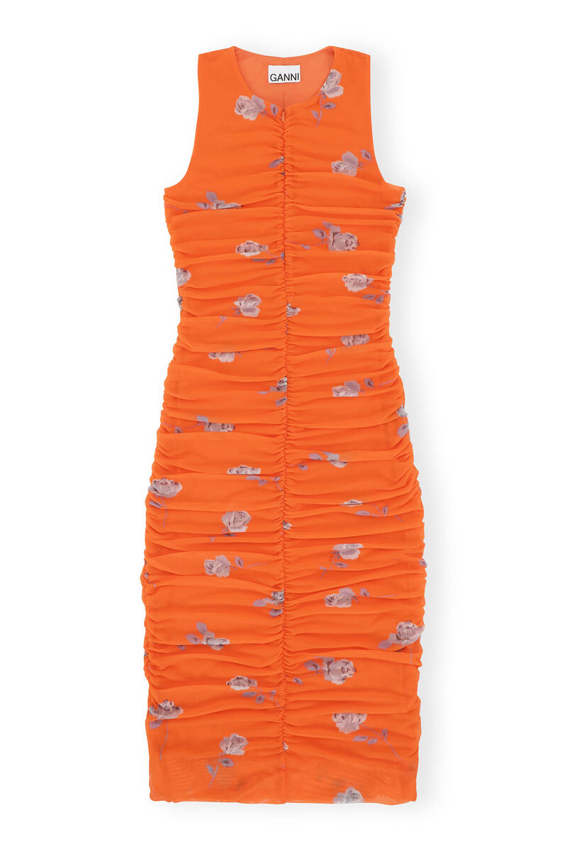 Orange Printed Ruched Mesh Midi Dress, Recycled Nylon, in colour Orangeade - 1 - GANNI
