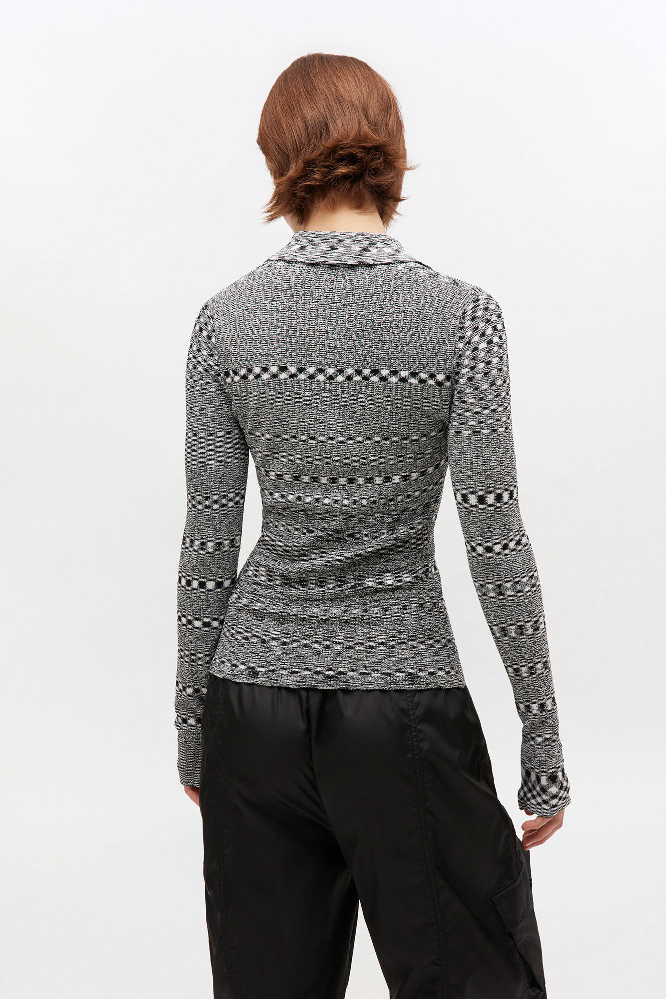 Grey Striped Knitted Polo Shirt, Polyamide, in colour Black - 3 - GANNI