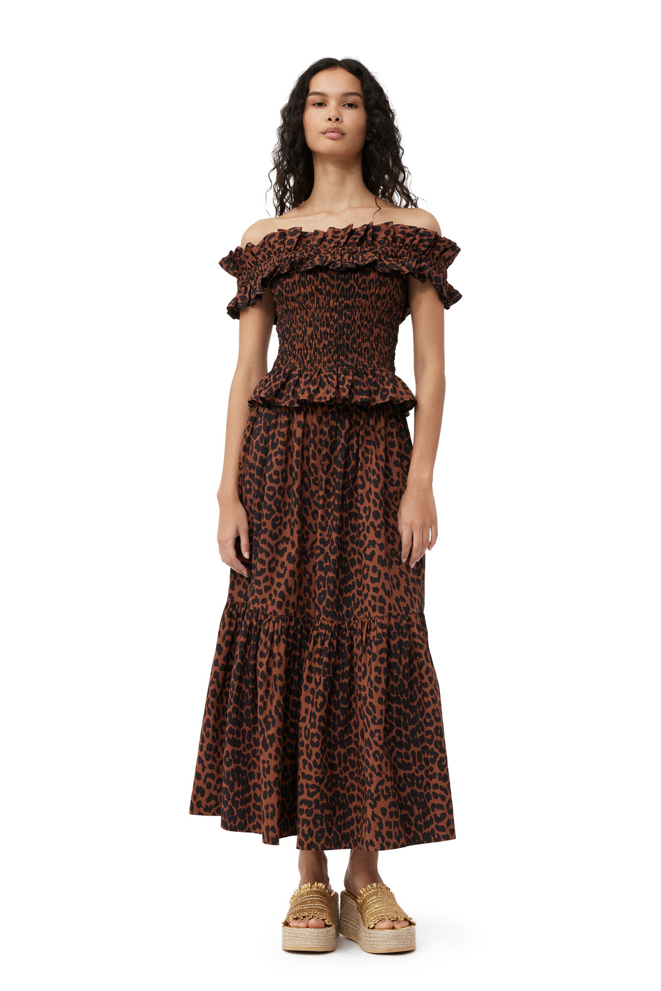 Exclusive Printed Cotton Off-Shoulder Smock Top, Cotton, in colour Toffee - 2 - GANNI