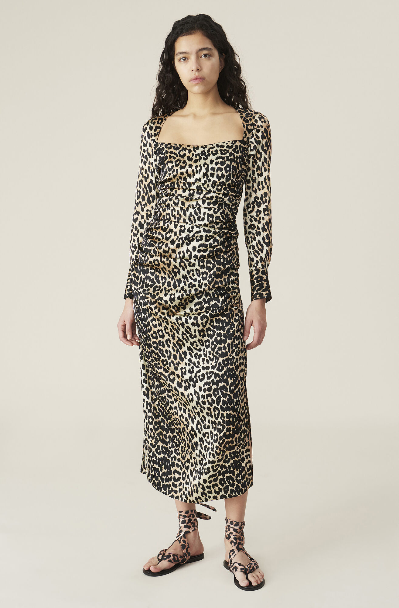 Silk Stretch Satin Dress, Satin, in colour Leopard - 1 - GANNI