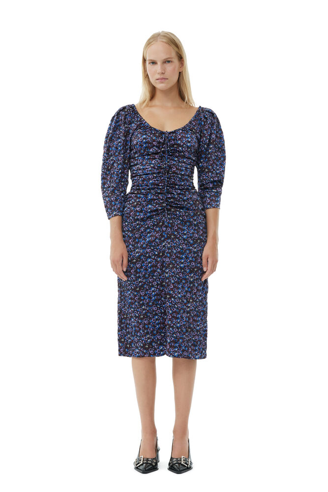 Floral Crinkled Satin U-neck Midi Dress, Black