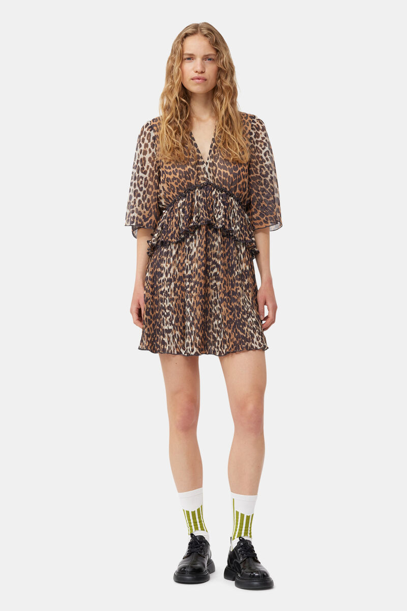 Leopard Pleated Georgette V-neck Flounce Mini Dress, Recycled Polyester, in colour Almond Milk - 1 - GANNI