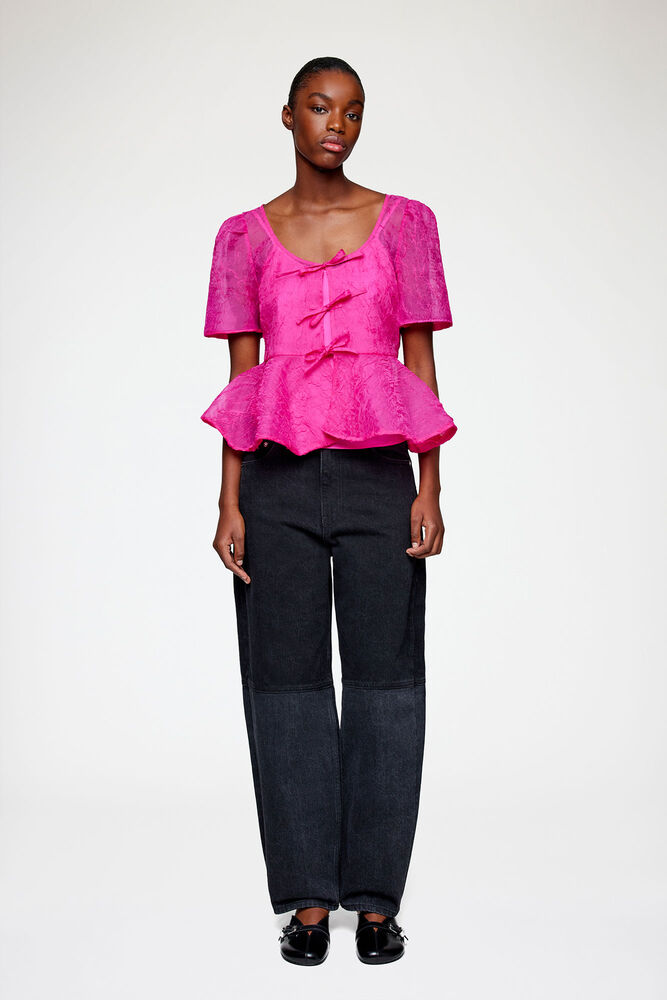 Peplum Blouse in Shibori Organza, Raspberry Rose