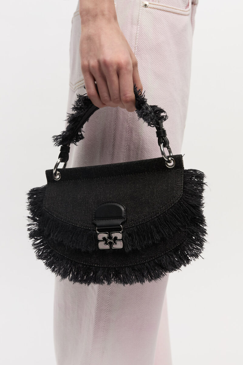 Black Denim Mini Top Handle Apo-G Bag, Recycled Cotton, in colour Black - 3 - GANNI