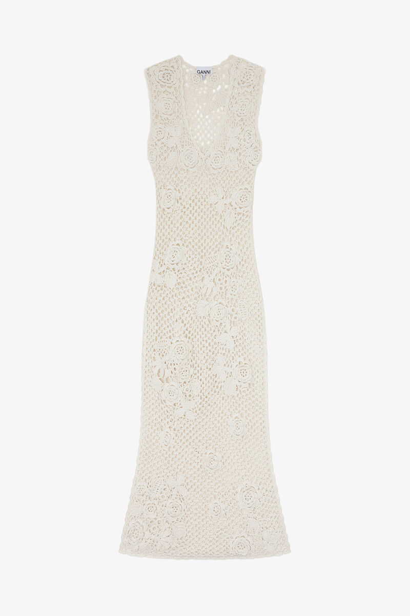 Long Dress in Cotton Crochet, Organic Cotton, in colour Egret - 1 - GANNI