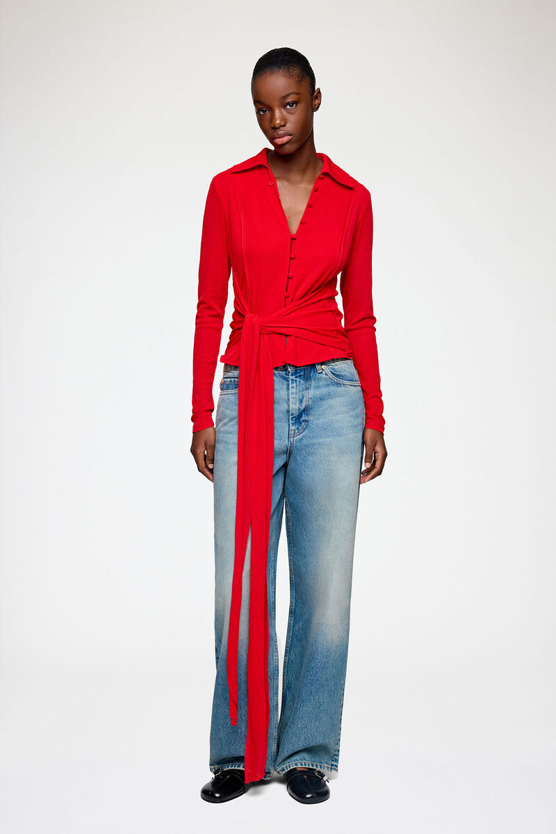 Shirt in Red Marl Mesh, Recycled Polyester, in colour Goji Berry - 1 - GANNI