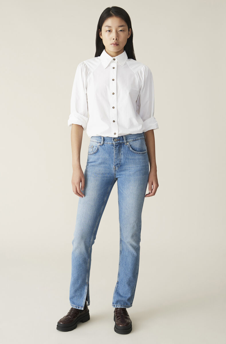 Classic Jeans med slits, Cotton, in colour Bleached Denim - 1 - GANNI