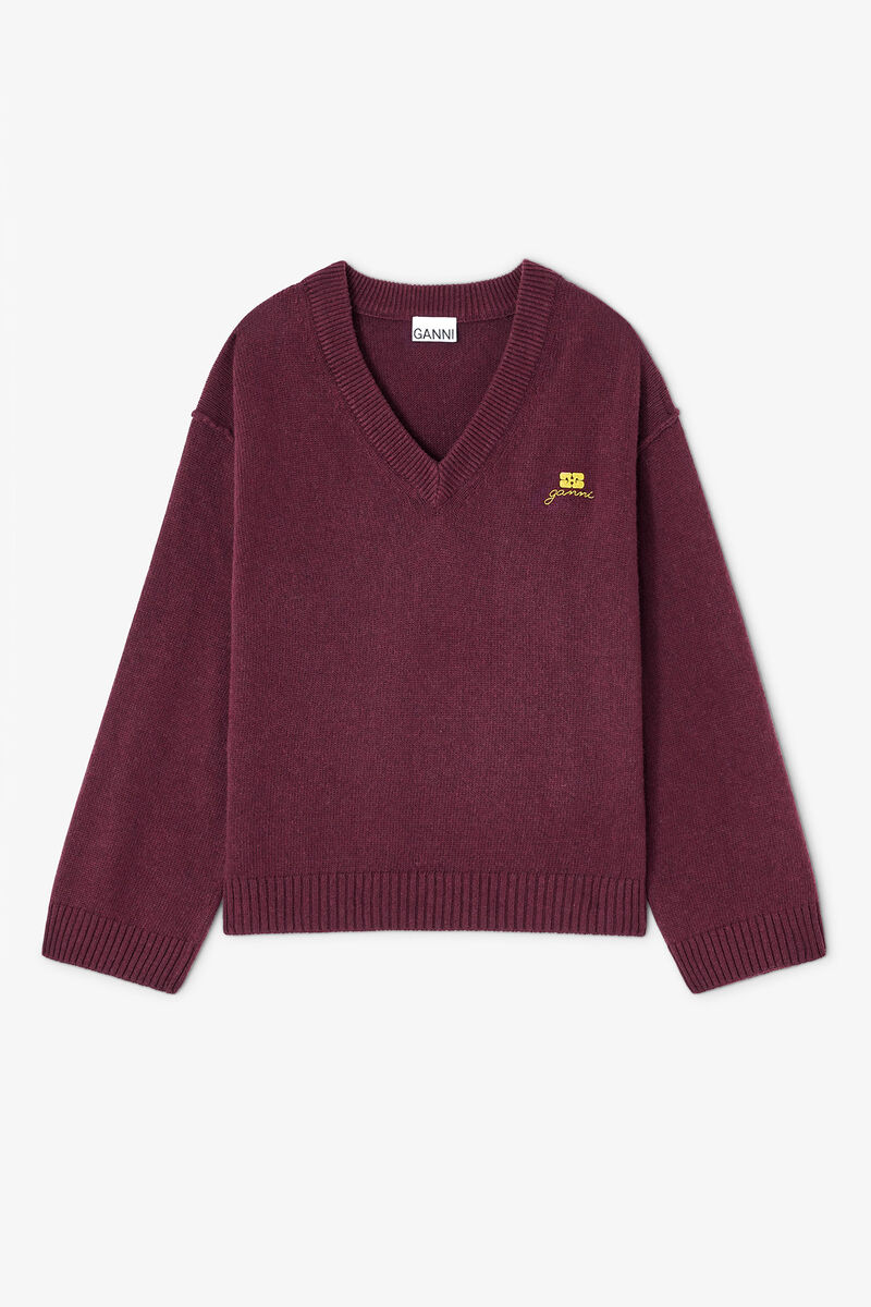 Burgundy Wool Mix V-neck Jumper, Viscose, in colour Burgundy - 1 - GANNI