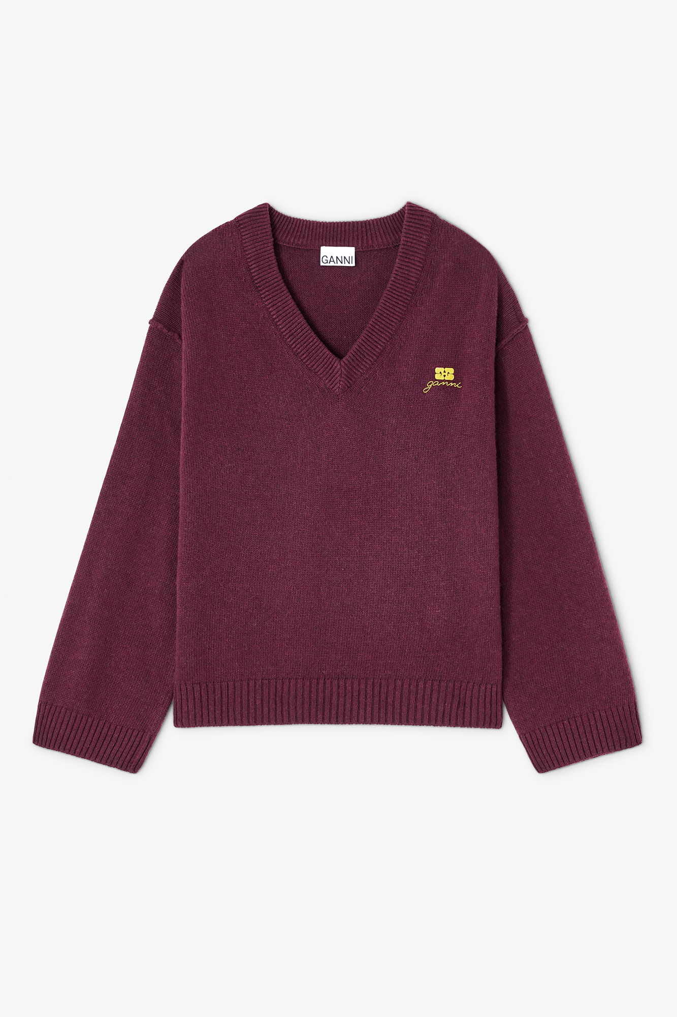 Burgundy Wool Mix V-neck Jumper, Viscose, in colour Burgundy - 1 - GANNI